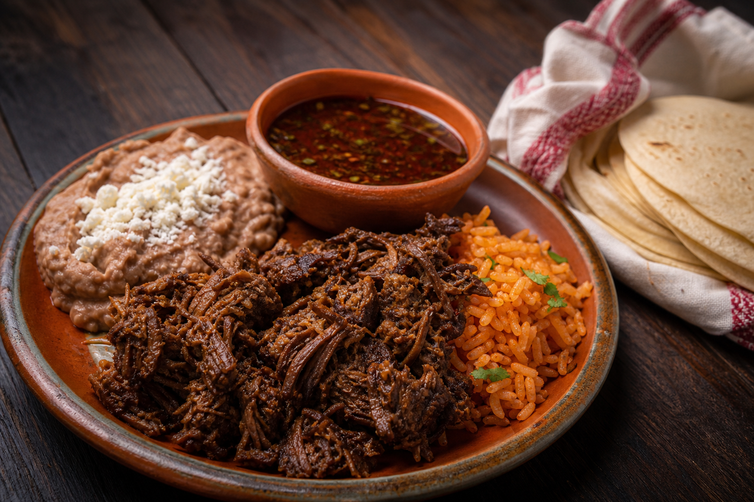 Birria plate with rice, beans, consommé, and tortillas