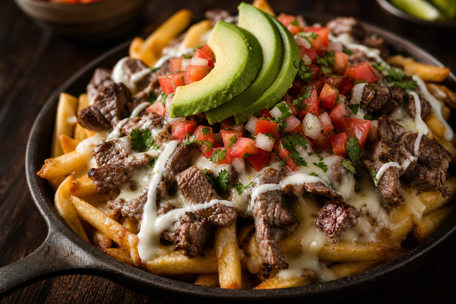 Carne asada fries loaded with cheese, crema, and pico de gallo