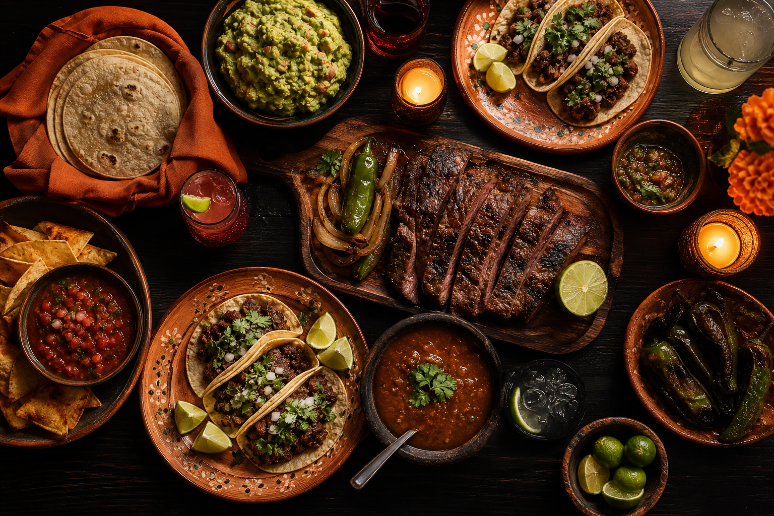 Mexican dinner spread with tacos, carne asada, and salsas on a dark table