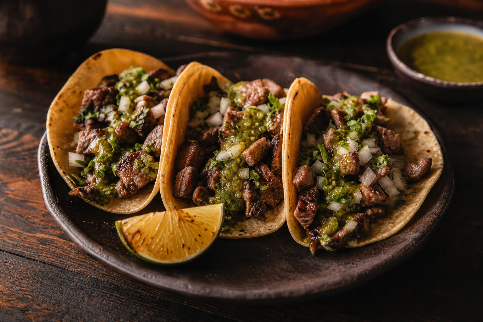 Street tacos with grilled meat, cilantro, and salsa verde