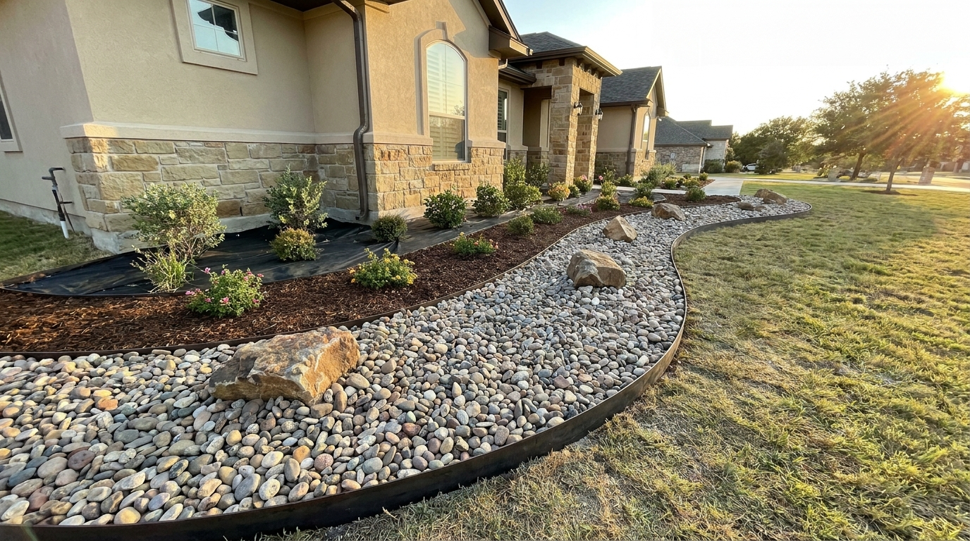 Demo after photo — refreshed rock bed with crisp edging in South Texas