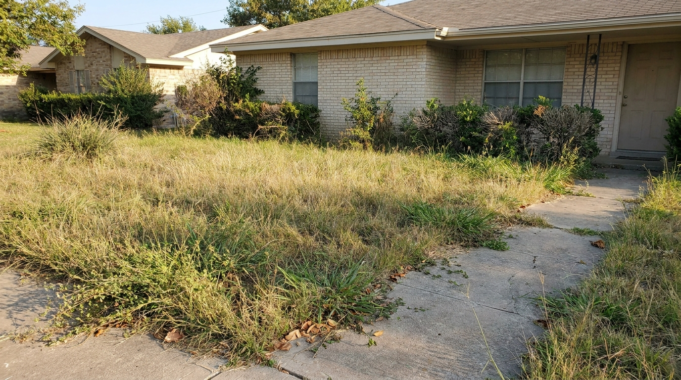 Demo yard photo — overgrown front lawn
