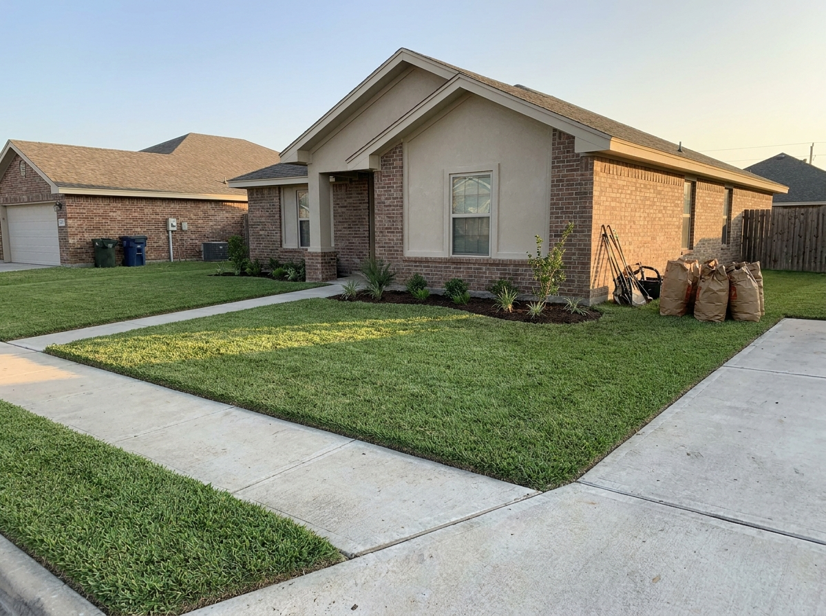 Demo concept photo — front yard cleanup with clean lawn and trimmed edges