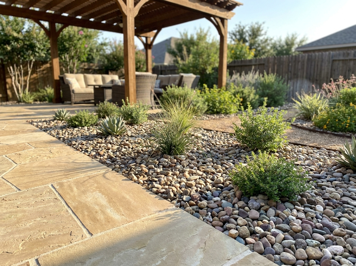 Demo concept photo — patio border cleanup with clean paver edge and decorative stones